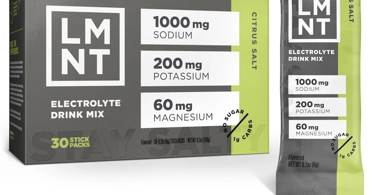 LMNT, Liquid IV, Skratch Labs, and other electrolyte powder packets arranged on a table