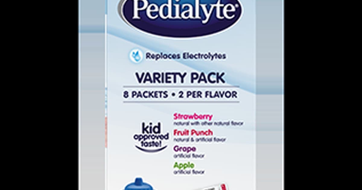 Pedialyte powder packets on a clinical white table